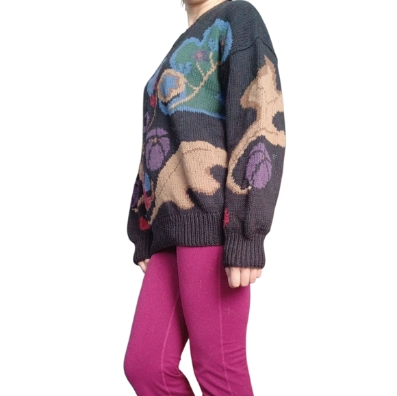 Vintage Hand Knit Cotton Abstract Pattern Crewneck Sweater Black Multi Medium - Picture 3 of 4
